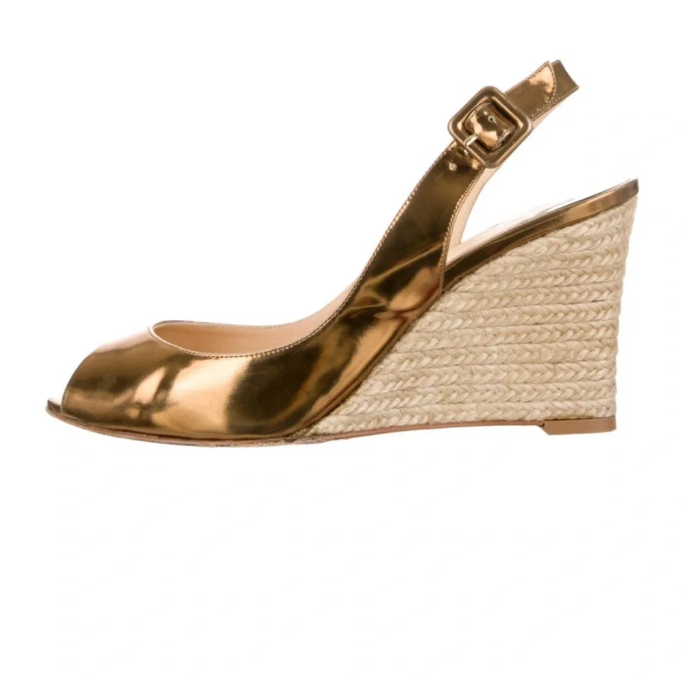 Christian Louboutin Metallic Gold Peep-Toe Wedge Slingbacks